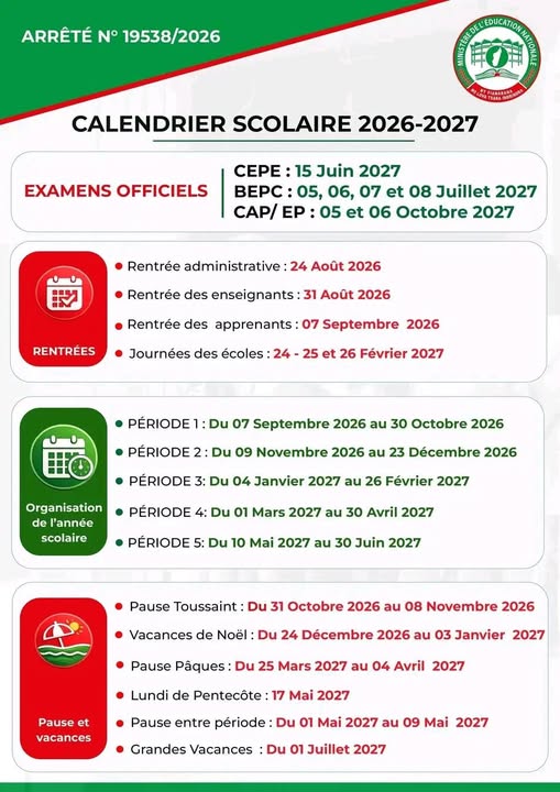 Calendrier scolaire 2026 - 2027